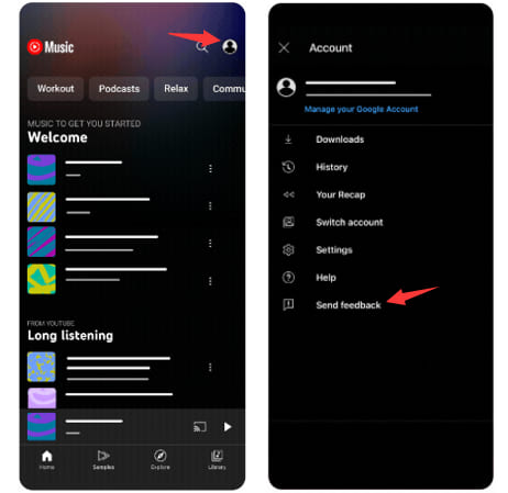 send feedback in YouTube Music