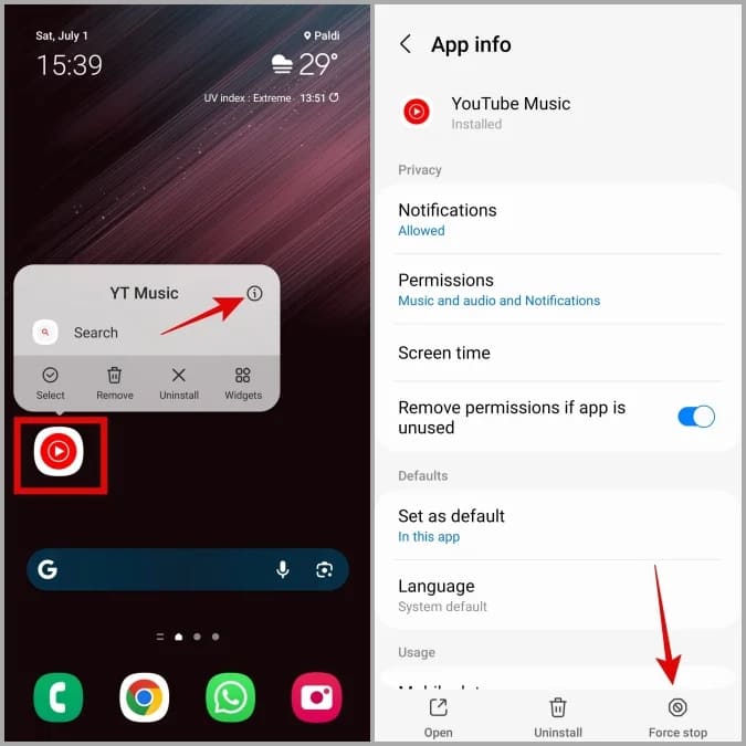 force stop YouTube Music on Android