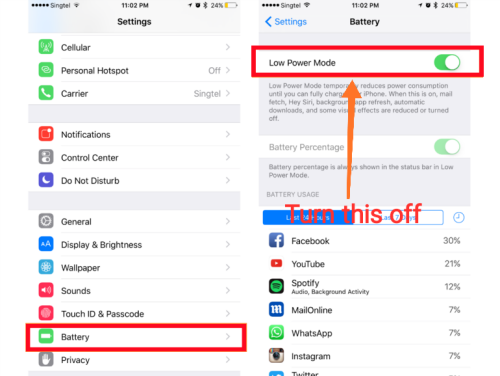 turn off iPhone Low Power Mode