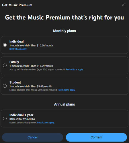 youtube music premium plans