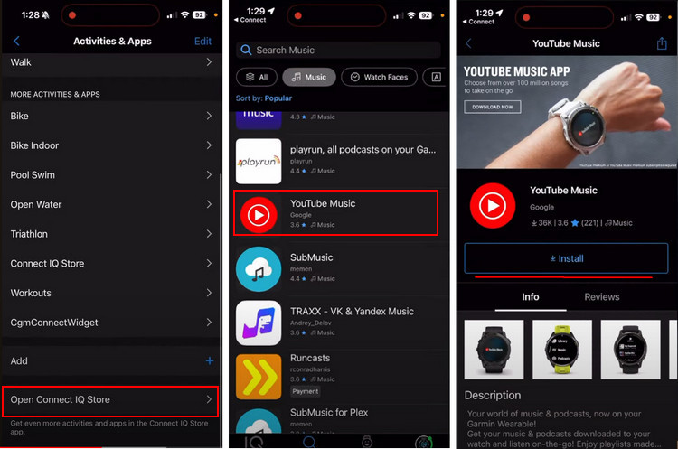 download youtue music app to garmin watch